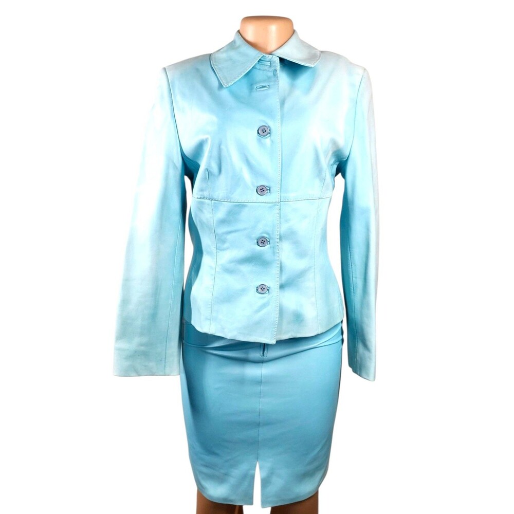Dante Leather Italy Women’s Real Leather Skirt Suit Set Blue Jacket & Skirt 44